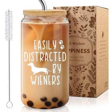 Imagem de MOREYUYEE Copo de vidro de presente Dachshund para mulheres - Facilmente distraído por Wieners, presentes para amantes de cães Weiner xícara de café fofa, aniversário, Natal, donos de cães, copo de
