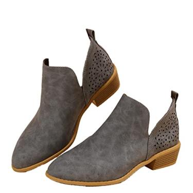Imagem de JITUUE Botas de cano curto para mulheres, casual, recortada, salto baixo, salto grosso, perfurado, corte em V, estilo faroeste, sapatos recortados, Cinza, 40