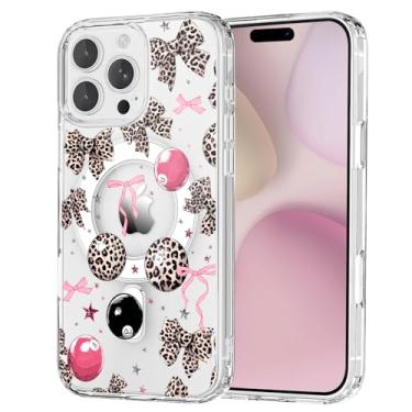 Imagem de OFQKOAKS Capa para iPhone 15 Pro Max, compatível com MagSafe, linda capa de telefone feminina com laço de bola de leopardo, capa protetora de ajuste fino magnético transparente para mulheres e meninas