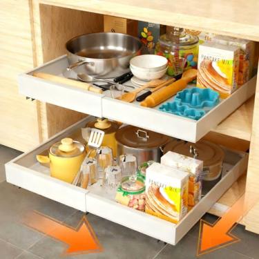 Imagem de Xiiwin Organizador de armário com 53 cm de profundidade (32 a 52 cm de largura), gavetas deslizantes, expansíveis, ajustáveis para cozinha, banheiro, despensa, adesivo, nanofilme, 3 trilhos