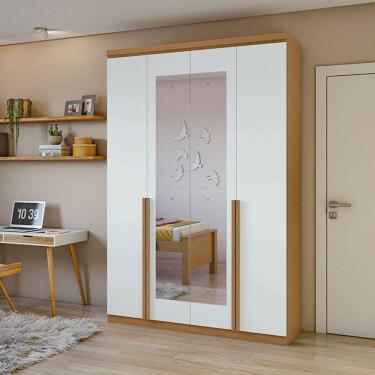 Imagem de Guarda Roupa Solteiro Ambiente Alonzo 4 Portas Amêndoa Clean Branco Com Espelho - Lopas