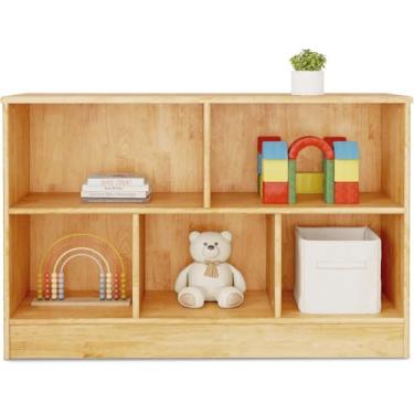 Imagem de wingyz Estante Montessori Madeira Soild de Borracha, Armário de Armazenamento de Madeira com 5 Seções, 2 Prateleiras Organizador de Armazenamento de Brinquedos, 89.9 cm L Prateleira Montessori para