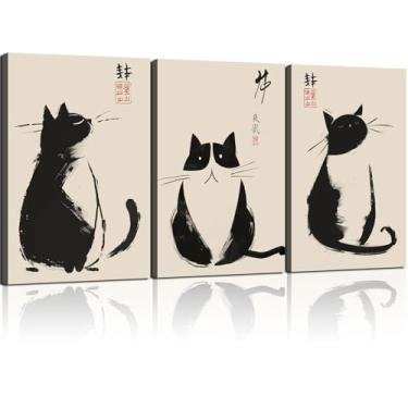 Imagem de 3 peças emolduradas gato preto japonês estilo tinta zen fofo animal engraçado decoração de parede impressão em tela pôster galeria banheiro quarto sala de estar escritório 30,5 x 40,6 cm pronto para