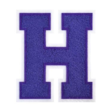 Imagem de 1 peça de patch de letra de chenille roxo de 11,4 cm com borda branca – Remendos do alfabeto para roupas, jaquetas, mochilas, chapéus para decoração personalizada, nome personalizado e artesanato. (H)