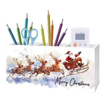 Imagem de Exqcom Porta-lápis de Natal de inverno para mesa, decoração de escritório de Natal, Papai Noel e rena, placa de bloco de madeira para decoração de mesa de escritório em casa, escritório, mesa