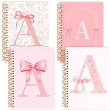 Imagem de Resurhang Pacote com 4 cadernos Coquette Preppy Bowbow, Caderno A5 em espiral estético, para mulheres, material escolar com laço fofo, pautado na faculdade (rosa, estilo alfabeto)