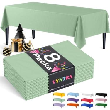 Imagem de Vyntra Toalhas de mesa descartáveis de plástico verde sálvia 137 x 262 cm, pacote com 8 – capas de mesa de festa para aniversário, casamento e chá de bebê – impermeável, à prova de derramamento, fácil