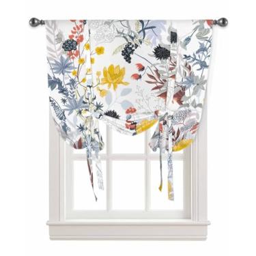 Imagem de Cortinas de amarrar para janelas retrô country flores ajustáveis sombra haste bolso balão saia para cozinha sala de estar, pastoral aquarela botânica floral tratamento de janela, 1 painel, 86 cm x 114