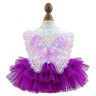 Imagem de Fantasia de fada de cachorro com asas de borboleta, vestido de princesa de gato para cães pequenos, blusa de malha de renda branca e saia de tule roxo, asas de fada para cães, roupa de Halloween 5 a 6