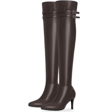 Imagem de Perphy Botas femininas de salto alto com bico fino acima do joelho e zíper, Café, 35