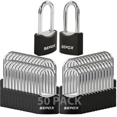 Imagem de SEPOX Pacote com 50 cadeados externos de 4 cm, com chave, corpo de aço resistente, revestimento em pó preto, cilindro de latão longo para portões, galpões, armazenamento, uso marítimo