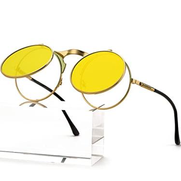 Imagem de AIEYEZO Óculos de sol redondos dobráveis para homens e mulheres Rave, estilo retrô Steampunk dos anos 90, Ouro/amarelo transparente, MM