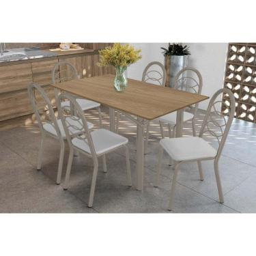 Imagem de Sala De Jantar Completa Elba C/ Tampo De Madeira 160cm E 6 Cadeiras Holanda Niquel/nogueira - Corano Branco - Kappesberg