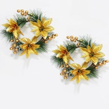 Imagem de 2 peças de pequenos anéis de vela de guirlanda de Natal, guirlandas artificiais de cedro cipreste com pinhas e frutas vermelhas, castiçais para decoração de mesa de centro de mesa de férias (anéis 01)