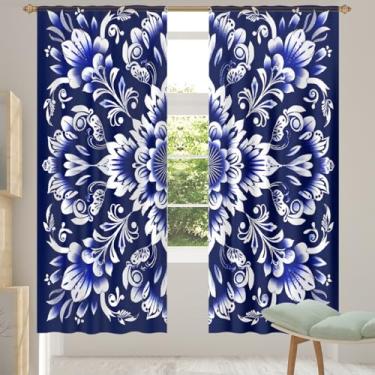 Imagem de 2 conjuntos de painéis étnicos damasco azul cortinas transparentes arejadas com filtro leve painéis de cortina leve cortina de porta janela para sala de estar, quarto, jantar, 192 cm de comprimento