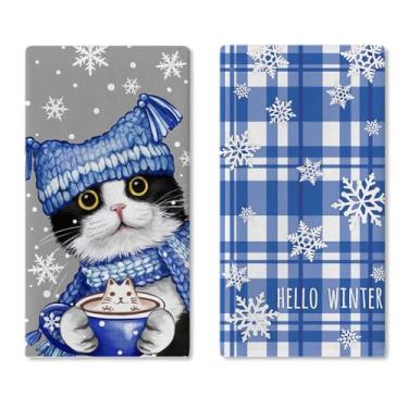 Imagem de Croar Conjunto de 2 panos de prato de cozinha Hello Winter smoking gato, toalha de mão de secagem de floco de neve, pano de cozimento, dono de animal de estimação, presente para amantes, buffalo