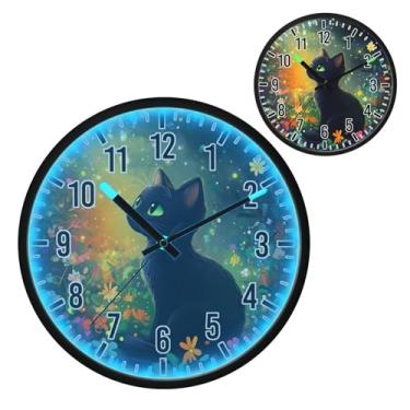 Imagem de Blueangle Relógio de parede LED que brilha no escuro e ativado por voz, design silencioso de gato preto de 30,5 cm, operado por bateria para decoração de quarto e sala de estar (295)