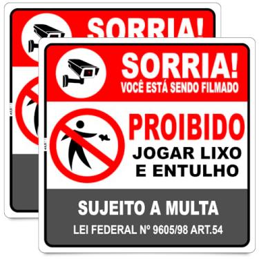 Imagem de Placa Informativa Proibido Jogar Lixo e Entulho, Sorria Você Está Sendo Filmado, PS 1mm, 30x30cm, Impressão UV, com Fita Dupla Face (2)