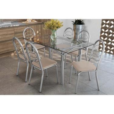 Imagem de Kit 6 Cadeiras Sala Jantar Elba C- Tampo De Vidro 150cm E 6 Cadeiras Holanda Cromada - Courano Bege - Kappesberg
