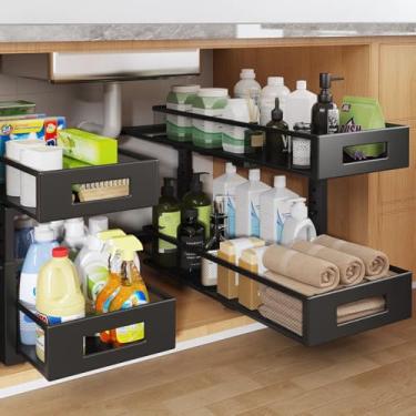 Imagem de 2 pacotes de organizador sob a pia de 53 cm de profundidade, organizador de armário de 2 camadas com trilho circular liso, gavetas deslizantes de malha metálica de grande capacidade para armazenamento