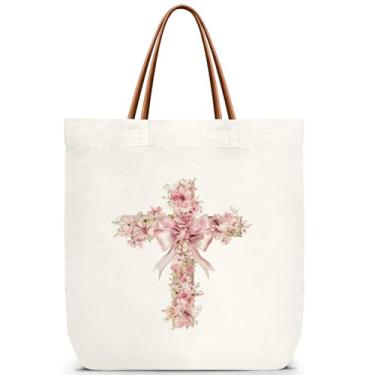 Imagem de ZEDEV Sacola de cruz cristã, bolsa de ombro reutilizável de lona floral com laços rosa para viagens, trabalho, compras, academia, presente de aniversário para meninas e amigas cristãs -11