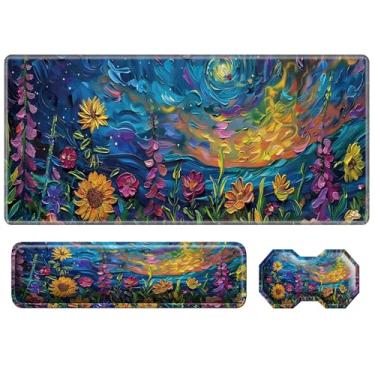 Imagem de Conjunto de mouse pad de 3 peças, flores em aquarela grande para jogos com borda costurada, suporte ergonômico de espuma de memória para o pulso e almofada de descanso de pulso para mouse, combo de