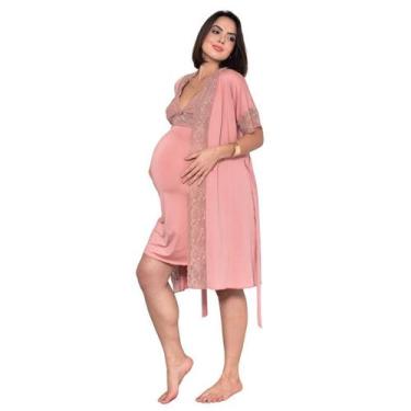 Imagem de Kit Robe com Camisola de Amamentação Gestante e PósParto Renda  Confor