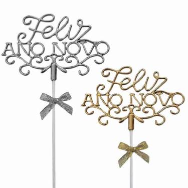 Imagem de Topo Bolo Feliz Ano Novo Dourado Prata Enfeite Doces - Extra Festas