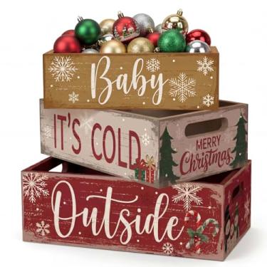 Imagem de Fiwochic 3 peças Baby Its Cold Outside Caixa de madeira vintage de Natal rústico caixa de armazenamento de mesa de fazenda decoração de mesa de inverno caixas de armazenamento de madeira balde
