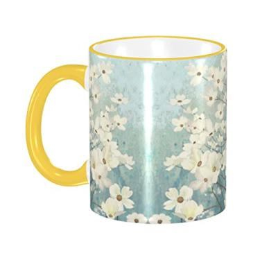 Imagem de Ourdovi Caneca de café expresso de cerâmica Spring Dogwood Blossoms, caneca de cerâmica revestida DIY, para café, sopa, chá, leite, latte, cacau quente, colorido divertido 350 ml