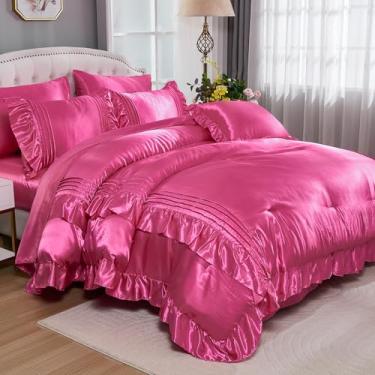 Imagem de Jogo de edredom queen de cetim com 8 peças, rosa choque, 1 edredom de luxo com 4 fronhas, 1 lençol de cima, 1 lençol com elástico e 1 capa de almofada