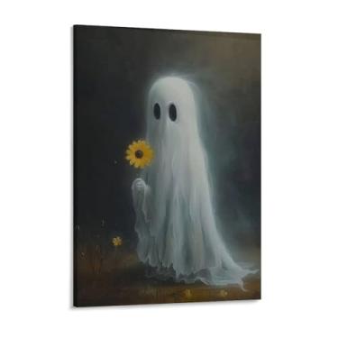 Imagem de HouLaiZhe Pôster de Halloween Fantasma Girassol Linda Tela Impressões de Arte de Parede Decorações de Halloween Decoração de Parede Estética Gótica para Sala de Estar Quarto 18 x 24 polegadas (45 x 60