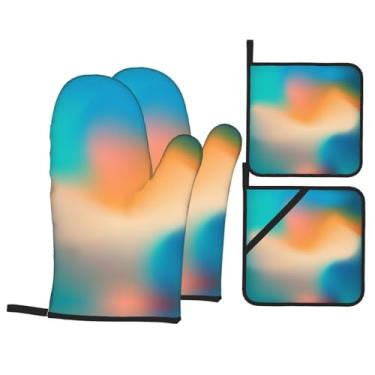 Imagem de Conjunto de luvas de cozinha com estampa gradiente dinâmico com suportes de tampa, luvas de forno resistentes ao calor para manusear panelas quentes, grelhar, churrascos, kit de 4 peças.