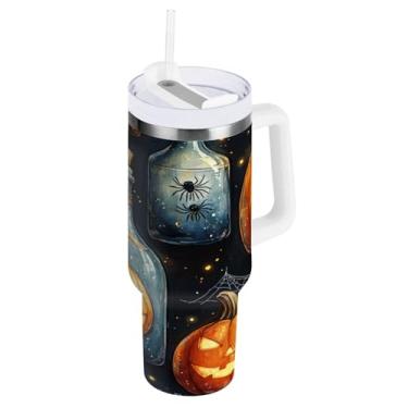 Imagem de STAYTOP Copo de abóbora de Halloween de 1,134 g em uma garrafa de vinho com tampa e palha, copo isolado de aço inoxidável durável à prova de vazamento com alça, garrafas de água à prova de