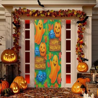Imagem de Wassud Decoração de porta de cena de Halloween alegre banner interno externo decoração de casa de varanda grande decoração de porta da frente 96 x 98 polegadas