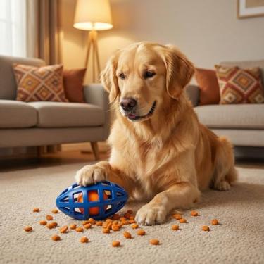 Imagem de Bola Americana TPR Porta Petiscos Ração Brinquedo Para Pet Com Apito Azul 13cm