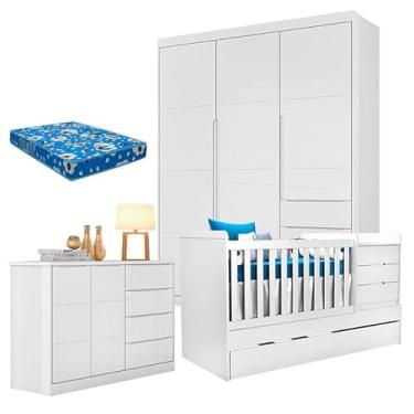 Imagem de Quarto de Bebê Blenda com Berço Multifuncional Cleo Branco Acetinado e Colchão - Phoenix