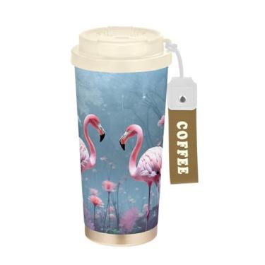 Imagem de YETTASBIN Caneca de café rosa Flamingos com isolamento térmico de 482 g com tampa canudo, copo à prova de derramamento e vazamento com alça para bebida quente e fria, garrafa de água de aço inoxidável