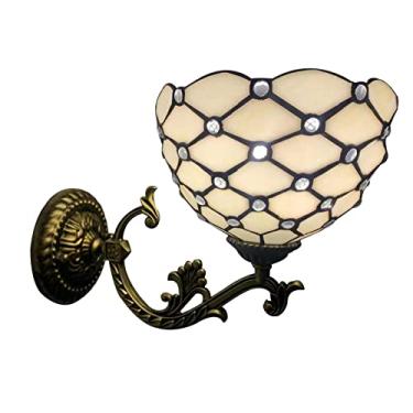 Imagem de Arandela de parede em vitral mediterrâneo estilo Tiffany com contas, luminária de parede barroca retrô com espelho frontal para quarto, cabeceira, corredor e varanda, 20 cm (8 polegadas)