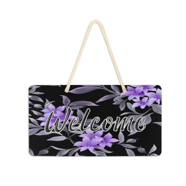 Imagem de Burbuja Placa de boas-vindas de flores roxas para porta da frente, placa de boas-vindas de PVC para decoração de férias de casa de fazenda, 15 x 28 cm