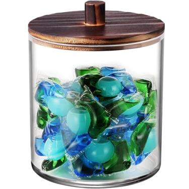 Imagem de SheeChung 1 pote grande de boticário de 1,417 g com tampa de madeira, recipiente de cápsulas de lavanderia, frascos de armazenamento para organização de banheiro, recipientes de plástico com colheres