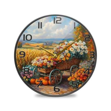 Imagem de YETTASBIN Relógio de parede acrílico de abóbora com flores preenchidas - Silencioso, sem tique-taque, operado por bateria, relógio redondo decorativo criativo para cozinha, sala de estar, banheiro