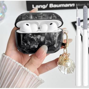 Imagem de OTOPO Capa para Airpods Pro 3ª geração para meninas e mulheres 2025 com kit de limpeza, estampa de glitter para Apple iPod Pro 3ª geração, capa protetora com chaveiro pérola, preta