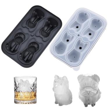 Imagem de Molde de cubo de gelo de buldogue francês para amantes de cães, congelador engraçado em formato de cachorro 3D com bandeja de tampa para coquetéis de uísque, bebidas de bourbon, 4 cavidades, preto