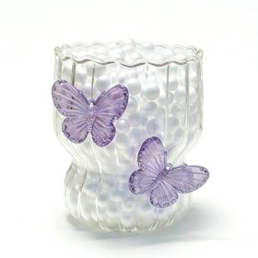 Imagem de Copo de vidro borboleta 3D de alto valor para mulheres copo listrado de água potável design elegante pétala reutilizável economia de espaço, perfeito para festas em casa, presentes de férias