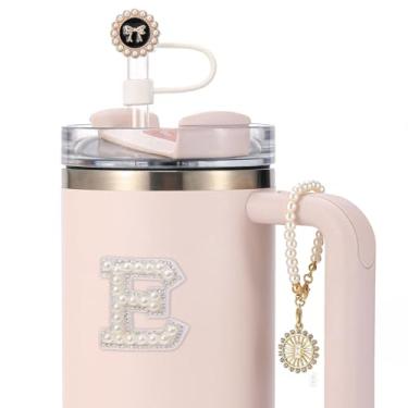 Imagem de 3 peças Stanley Cup Accessories - Capa de canudo para copo de 30 e 1,134 g, topo de palha de 10 mm, corrente de pingentes iniciais de silicone para decoração de alça e adesivo de letras - E
