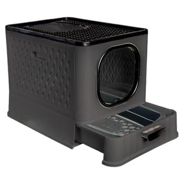 Imagem de Caixa de Areia Fechada para Gatos Luxo com Porta Transparente, Gaveta Removível, Pá e 2 Comedouros – Banheiro Higiênico Anti-Sujeira(SB LUXO + PENEIRA - BLACK)