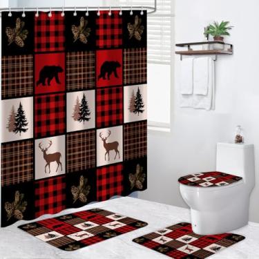 Imagem de Moyrisou Conjunto de 4 cortinas de chuveiro rústicas para cabana de chalé, conjunto de decoração de banheiro de vida selvagem da floresta xadrez vermelho e preto com tapetes antiderrapantes, tampa de