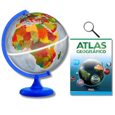 Imagem de GLOBO TERRESTRE FÍSICO POLÍTICO LUMINOSO BASE AZUL 30CM + ATLAS GEOGRÁFICO + LUPA