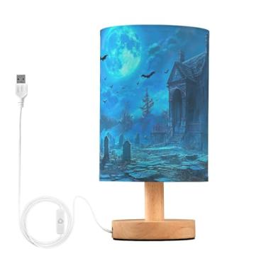 Imagem de Joisal Eerie Graveyard Under Blue Moon Candeeiros de mesa abajur de linho pequeno abajur de cabeceira, lâmpada decorativa